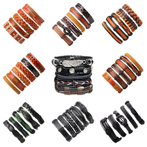 Boho Hippie Punk Charm Leather Cord Wrap Bracelets Set for Men
