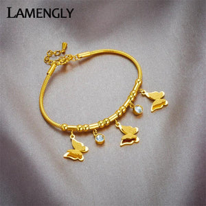 316L Stainless Steel Butterfly Zircon Charm Bracelet For Women Girl Bangles