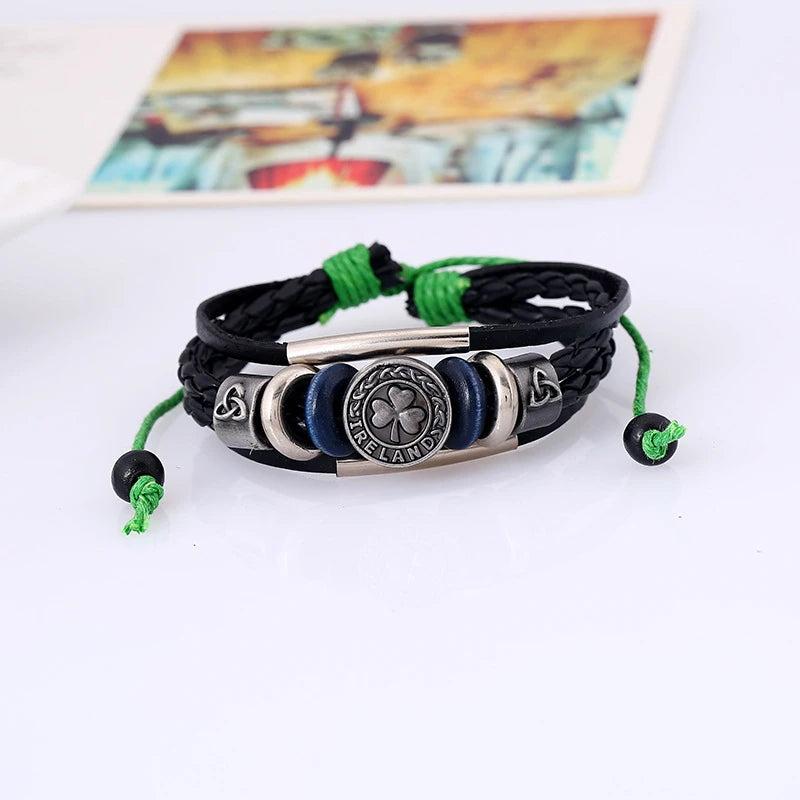 Four Leaf Clover Leather Bracelet Unisex Alloy Beads Charm Bangle