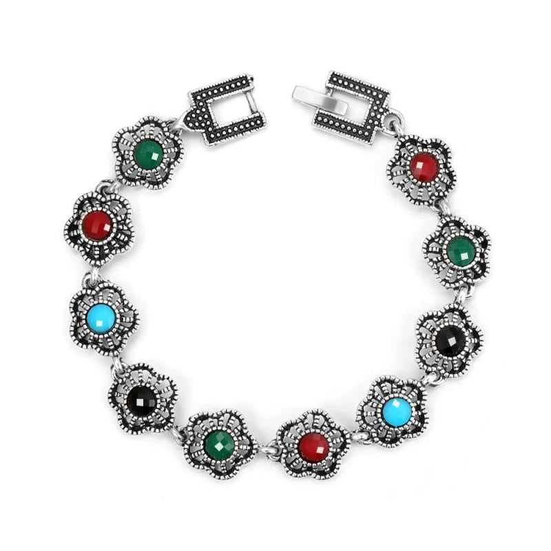 Colorful Flowers Silver Hollow Bracelet Women Gift