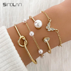 Sindlan 4Pcs Butterfly Pearl Bracelets Vintage Bangle Set Kpop Jewelry