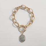 Green Stone Charm Bracelet Chunky Twisted Chain Toggle Clasp