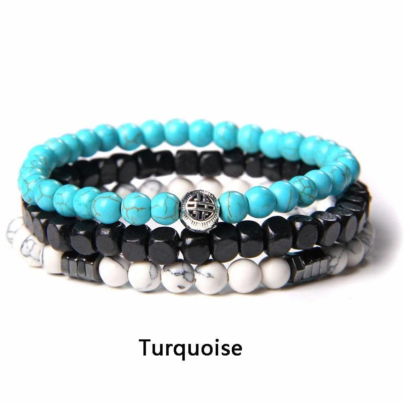 3pcs Beaded Charm Bracelet Men Natural Stone Malachite Wood Beads