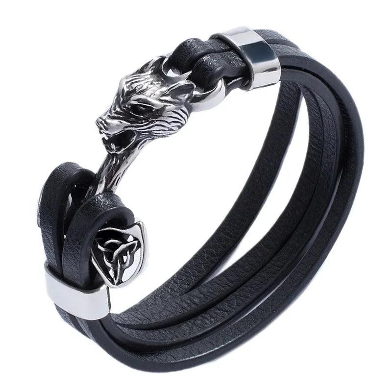 Stainless Steel Wolf Head Leather Wrap Bracelet Men