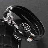 Stainless Steel Wolf Head Leather Wrap Bracelet Men
