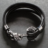 Stainless Steel Wolf Head Leather Wrap Bracelet Men