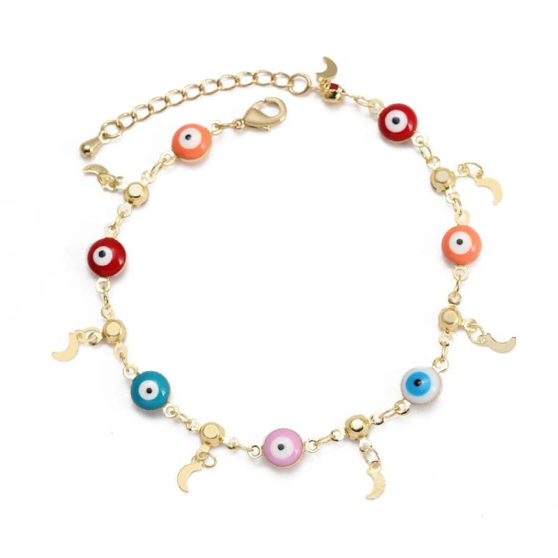 Evil Eye Moon Star Drip Oil Bracelet w/ Butterfly Flower Charm - BE1084