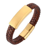 Brown Braided Leather Bracelet Men Jewelry Punk Golden Stainless Steel