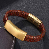 Brown Braided Leather Bracelet Men Jewelry Punk Golden Stainless Steel