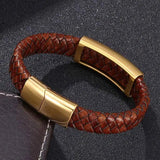 Brown Braided Leather Bracelet Men Jewelry Punk Golden Stainless Steel
