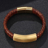 Brown Braided Leather Bracelet Men Jewelry Punk Golden Stainless Steel
