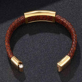 Brown Braided Leather Bracelet Men Jewelry Punk Golden Stainless Steel