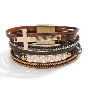 Bohemian Pearl Beads Cross Leather Bracelet Rhinestone Chain Jewelry