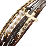Bohemian Pearl Beads Cross Leather Bracelet Rhinestone Chain Jewelry