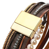 Bohemian Pearl Beads Cross Leather Bracelet Rhinestone Chain Jewelry
