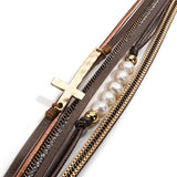Bohemian Pearl Beads Cross Leather Bracelet Rhinestone Chain Jewelry