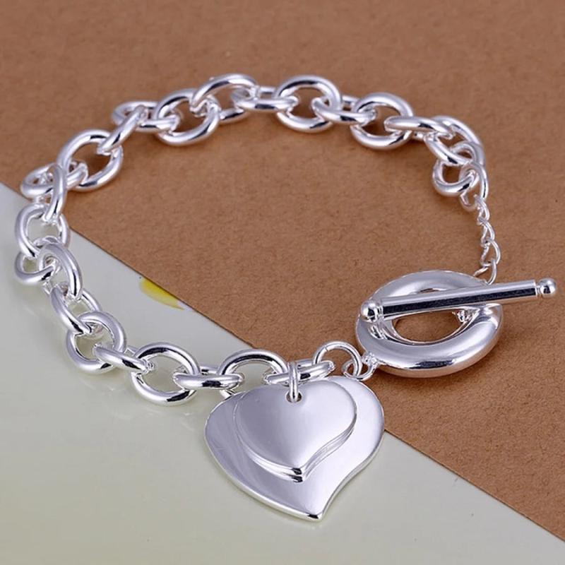 Silver Double Heart Bracelet Chain for Women Lady Wedding