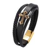 Multilayer Leather Bracelet Men Golden Cross Stainless Steel Magnetic