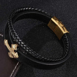Multilayer Leather Bracelet Men Golden Cross Stainless Steel Magnetic
