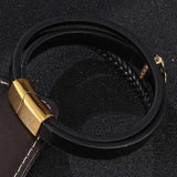 Multilayer Leather Bracelet Men Golden Cross Stainless Steel Magnetic