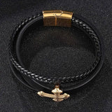Multilayer Leather Bracelet Men Golden Cross Stainless Steel Magnetic