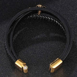 Multilayer Leather Bracelet Men Golden Cross Stainless Steel Magnetic