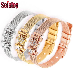 Stainless Steel Mesh Watch Chain Bracelet with Rose Charm for Men Women