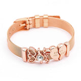 Stainless Steel Mesh Watch Chain Bracelet with Rose Charm for Men Women