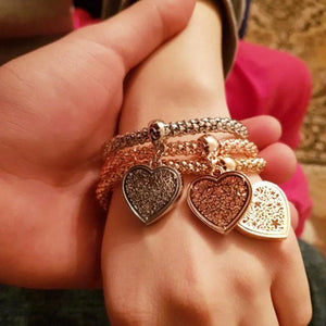 3Pcs/Set Popcorn Chain Bracelets Silver Big Heart Locket Charm Bangles