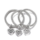 3Pcs/Set Popcorn Chain Bracelets Silver Big Heart Locket Charm Bangles