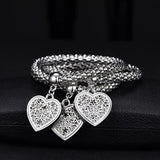 3Pcs/Set Popcorn Chain Bracelets Silver Big Heart Locket Charm Bangles