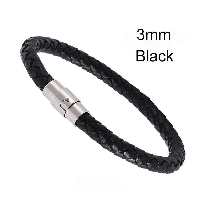 Men Leather Bracelet Stainless Steel Magnet Clasp Button Hand-woven Wristband