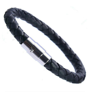Men Leather Bracelet Stainless Steel Magnet Clasp Button Hand-woven Wristband