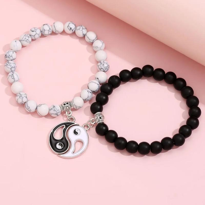 Couples Yin Yang Turquoise Beads Bracelet Bangle Set