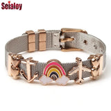 Rose Stainless Steel Mesh Wristband Bracelet with Charms