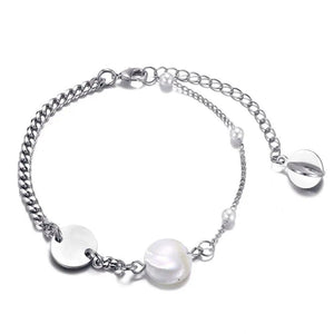Silver Cuban Link Bracelet with Big Pearl Cross Pendant