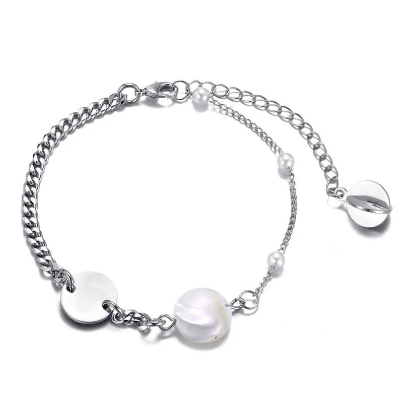 Silver Cuban Link Bracelet with Big Pearl Cross Pendant