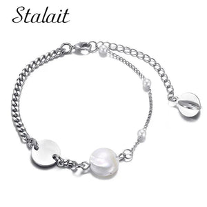 Silver Cuban Link Bracelet with Big Pearl Cross Pendant