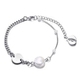 Silver Cuban Link Bracelet with Big Pearl Cross Pendant