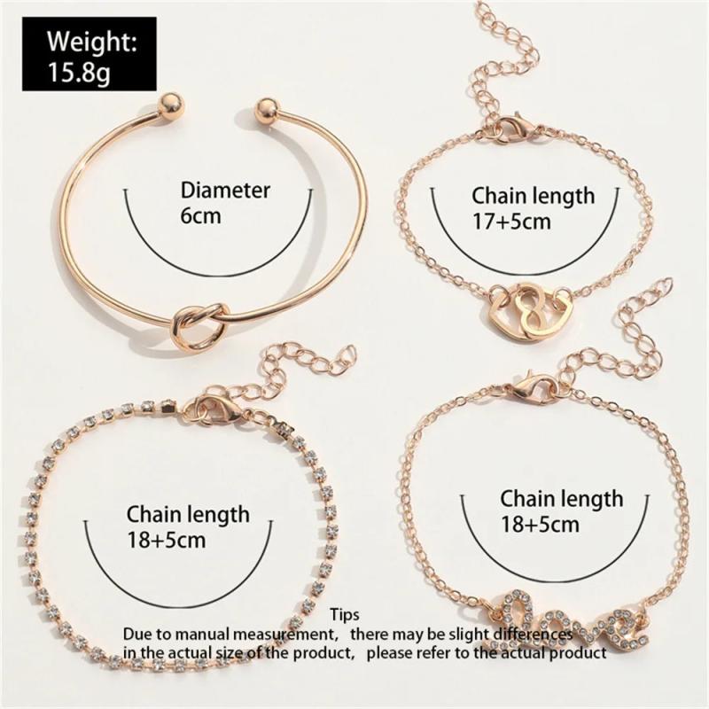 Sindlan 4Pcs Heart Crystal Chains Bracelets for Women Boho Jewelry Set