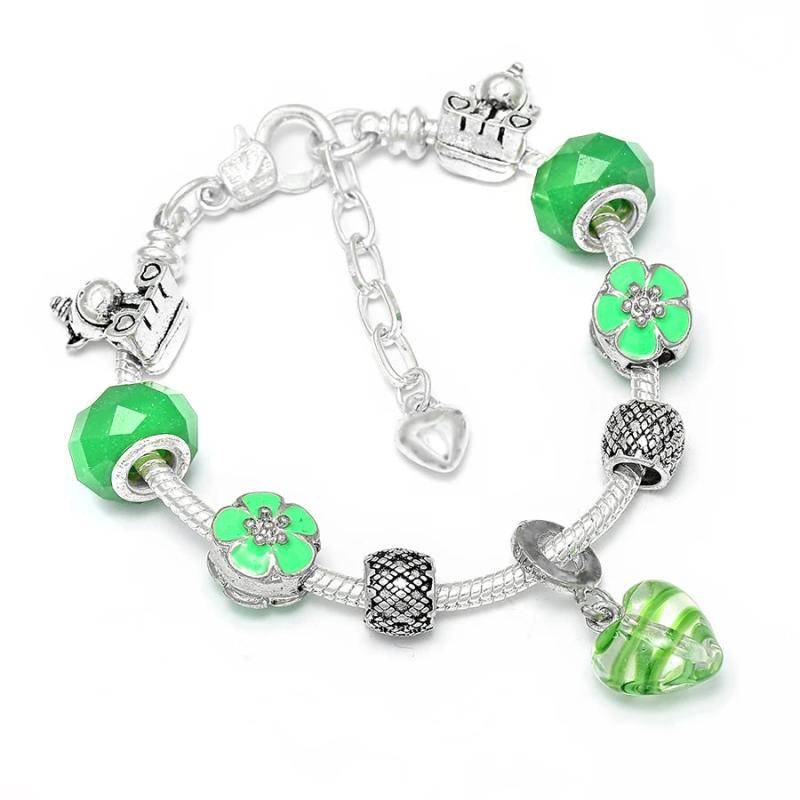 Green Glass Heart Charm Bracelet Bangle Unicorn Magnolia Beads