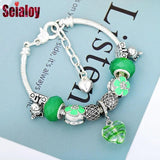 Green Glass Heart Charm Bracelet Bangle Unicorn Magnolia Beads