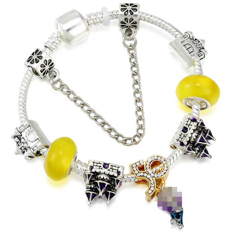 Purple Enamel Castle Beads 50th Anniversary Charm Bracelets Women Men DIY Bangle