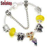 Purple Enamel Castle Beads 50th Anniversary Charm Bracelets Women Men DIY Bangle