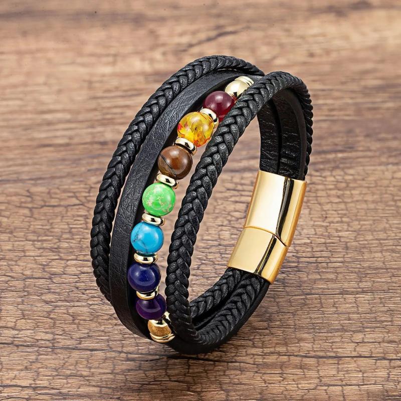 7 Chakra Natural Stone Leather Bracelet Reiki Healing Charm Bracelet