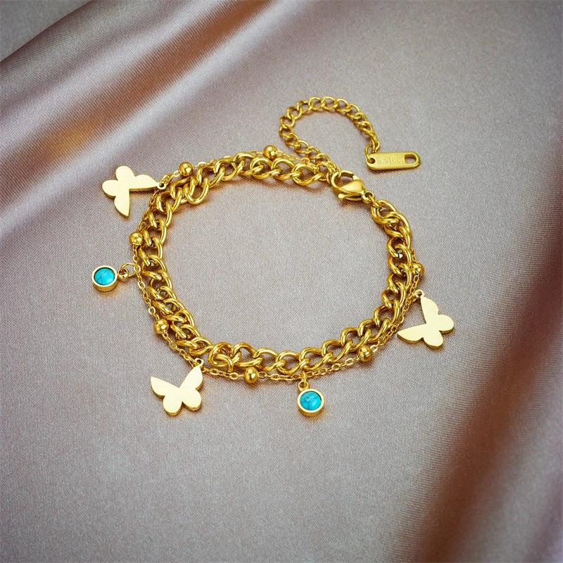 316L Stainless Steel Butterfly Green Stone Charm Bracelet Women Bangle