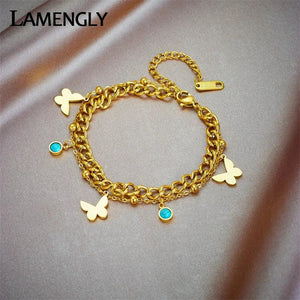 316L Stainless Steel Butterfly Green Stone Charm Bracelet Women Bangle