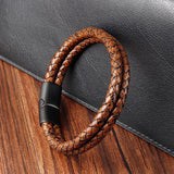 Men's Layered Leather Bracelet with Braided Rope - Irregular Wings Design