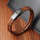 Men's Layered Leather Bracelet with Braided Rope - Irregular Wings Design