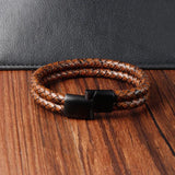 Men's Layered Leather Bracelet with Braided Rope - Irregular Wings Design
